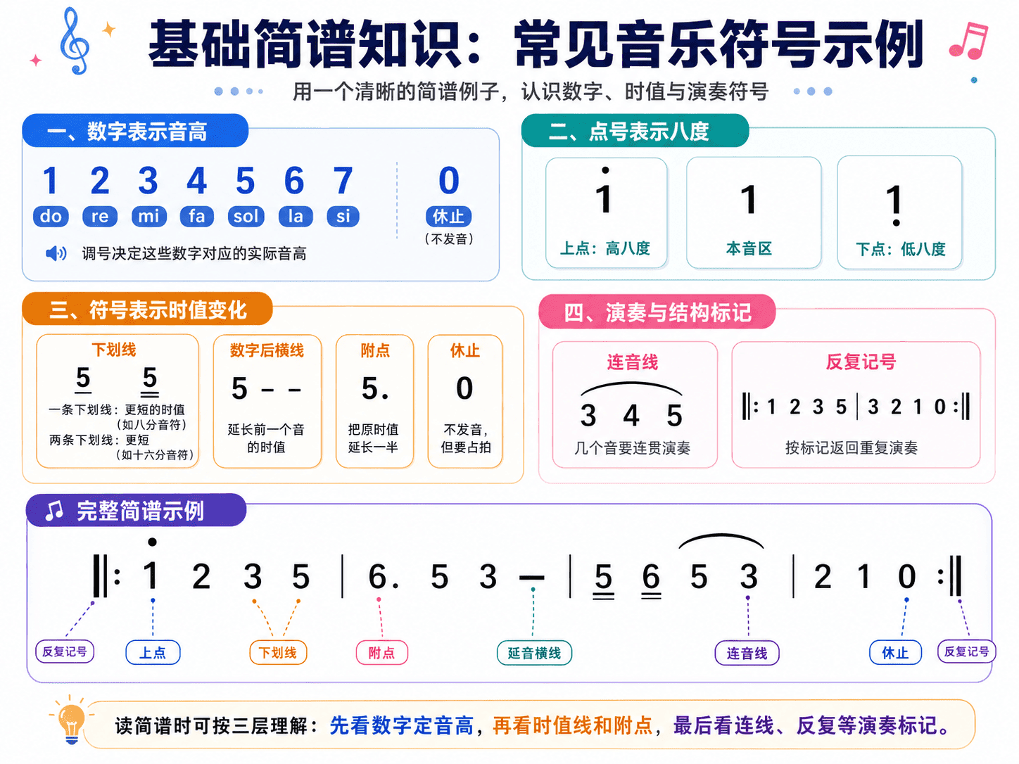 简谱符号总览图，包含数字音级、休止符、高低音点、下划线、延长线、附点、连线和反复记号